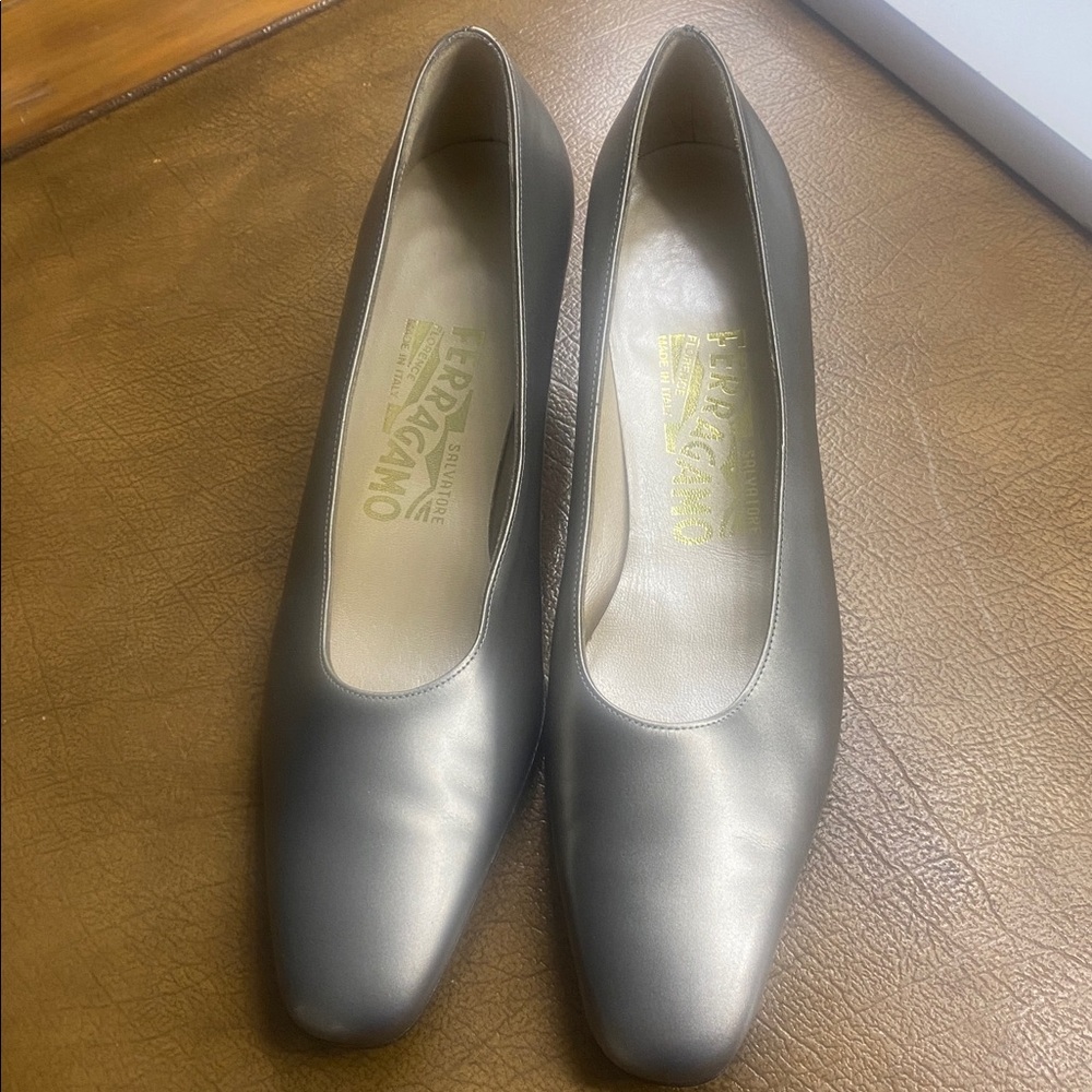 Silver Ferragamo Florence silver kitten heels
